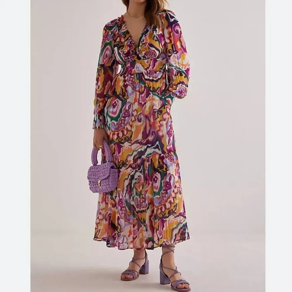 Anthropologie Ruffle Printed Maxi Dress Size 1X